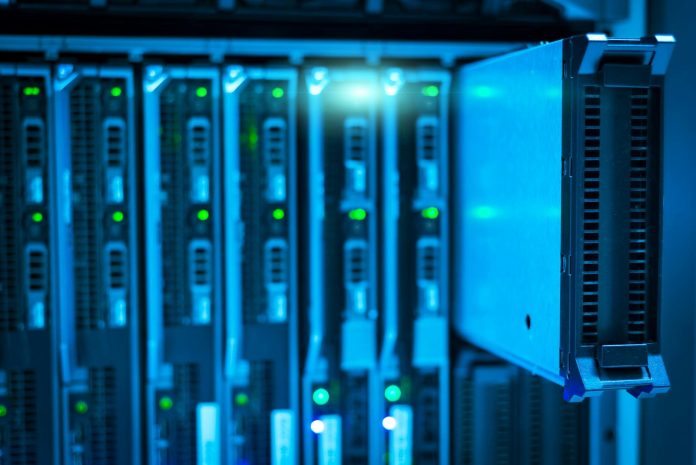 Magyar tech-piac: vagyonnyilatkozati háttér — Detailed view of a server rack with a focus on technology and data storage.